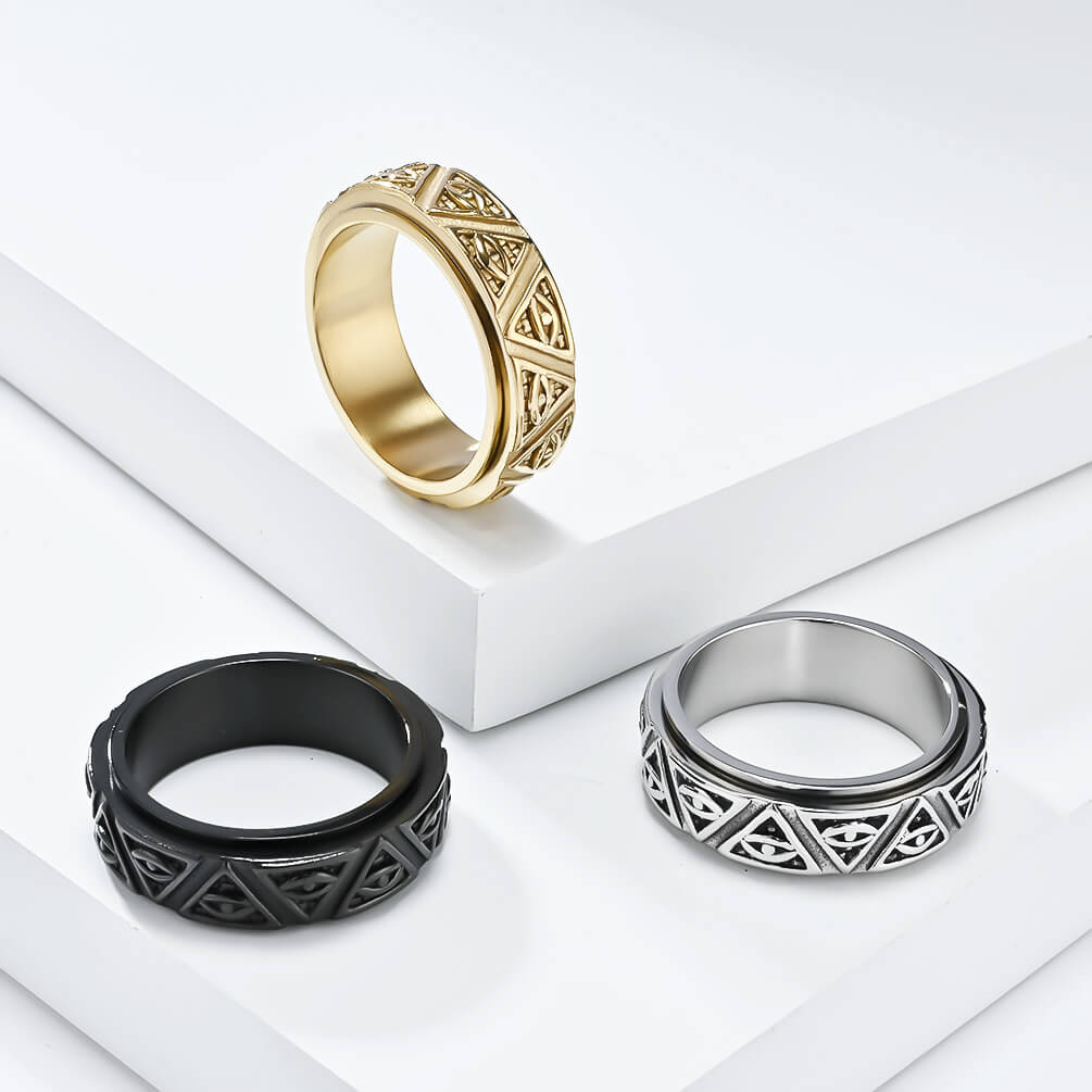 Engravable Spinning Ring Bands Triangular Pyramid Guardian