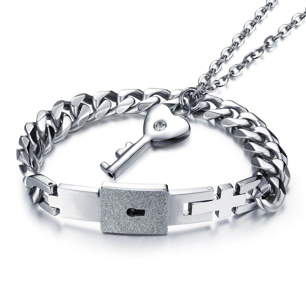 Matching Heart Key Necklace & Lock Bracelet Jewelry Set for