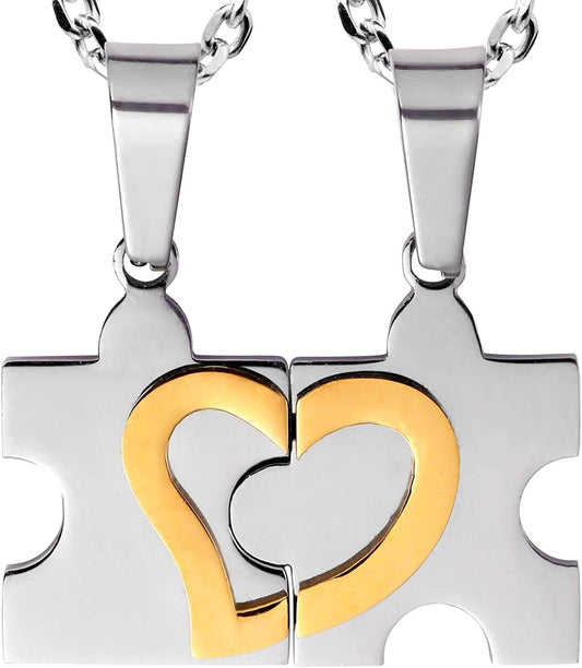 His & Hers Puzzle Heart Matching Couples Necklace Set