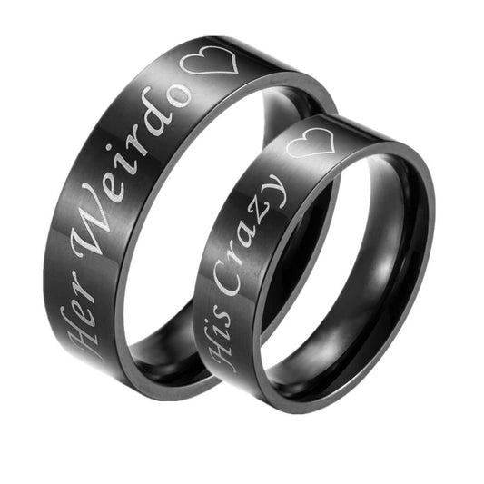 His Crazy Her Weirdo Couple Rings Black