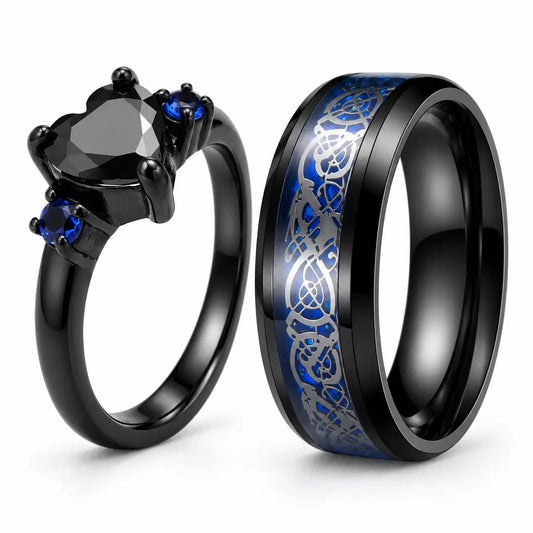 His and Her Heart Stone & Blue Band Ring