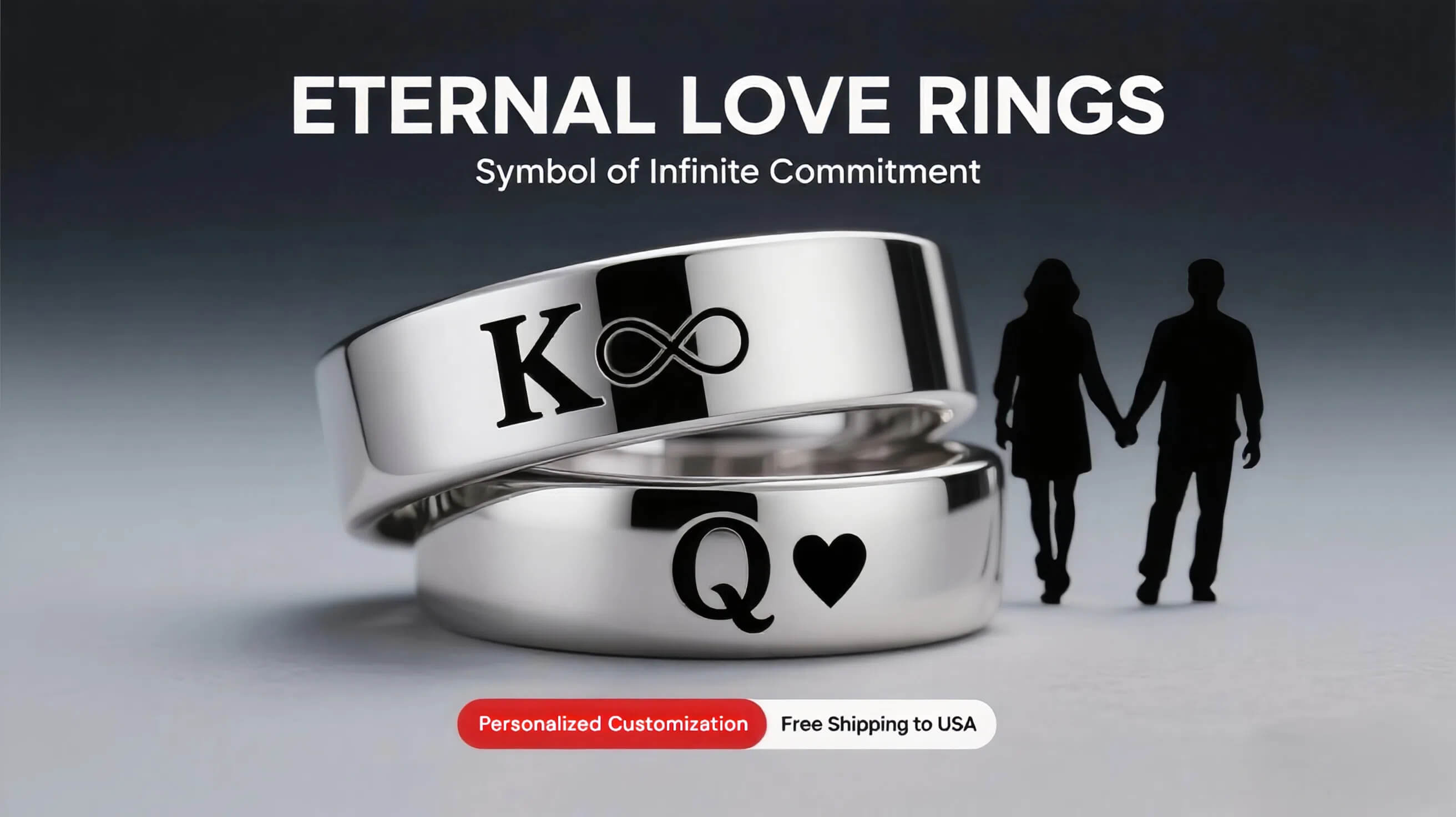 Two silver rings with 'K' and 'Q' symbols, featuring a couple holding hands in the background.