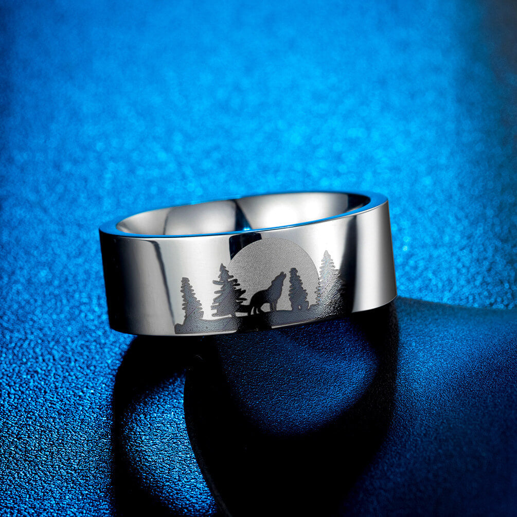 Solitary Wolf in Moonlight Ring Bands