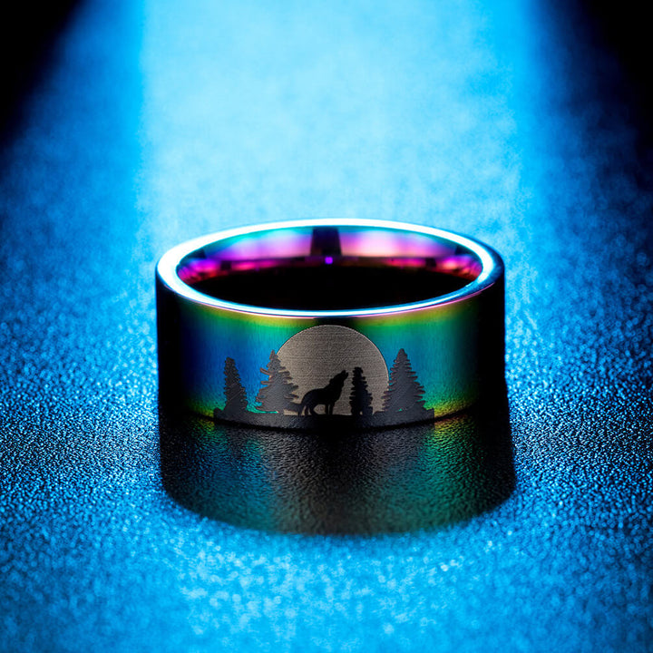 Solitary Wolf in Moonlight Ring Bands