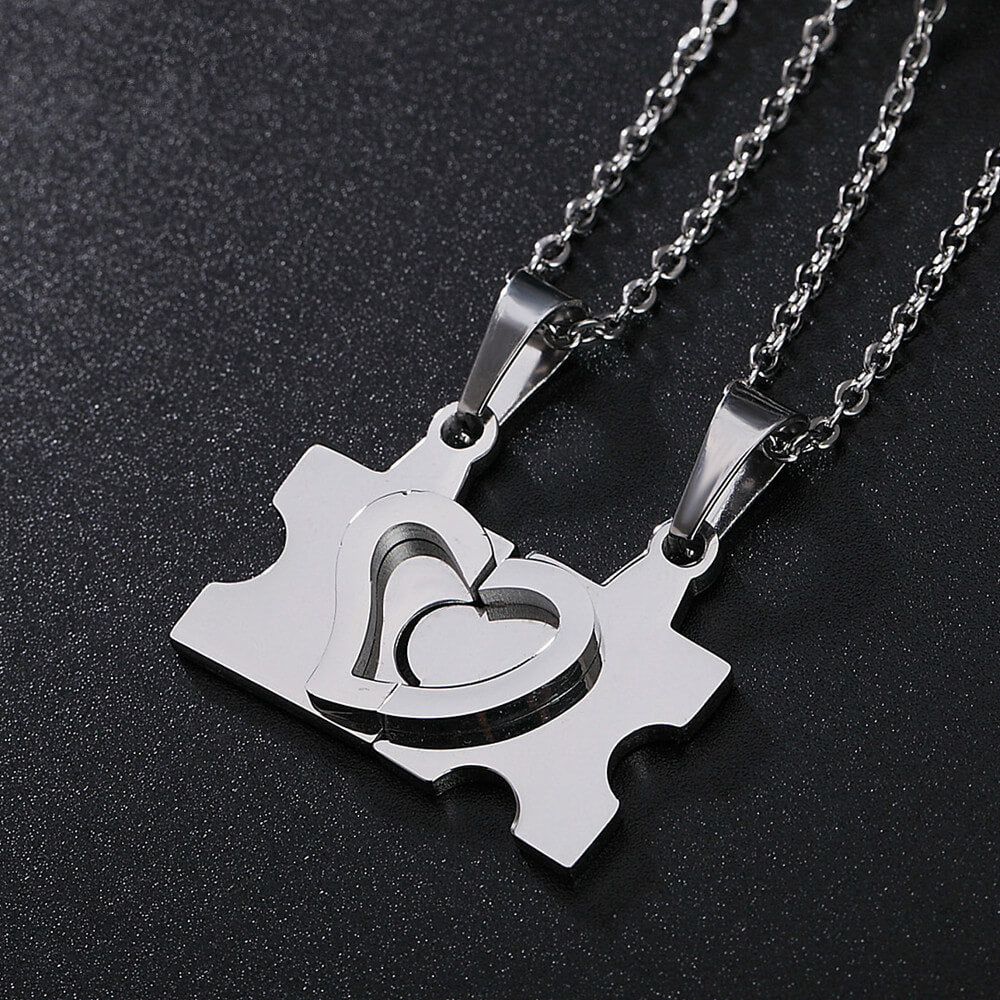 His & Hers Puzzle Heart Matching Couples Necklace Set
