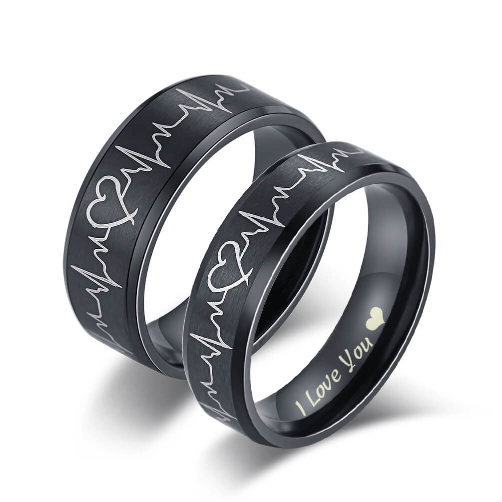 Black Heartbeat ECG Couple Promise Ring Set I Love You
