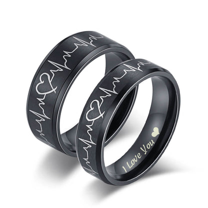 Black Heartbeat ECG Couple Promise Ring Set I Love You