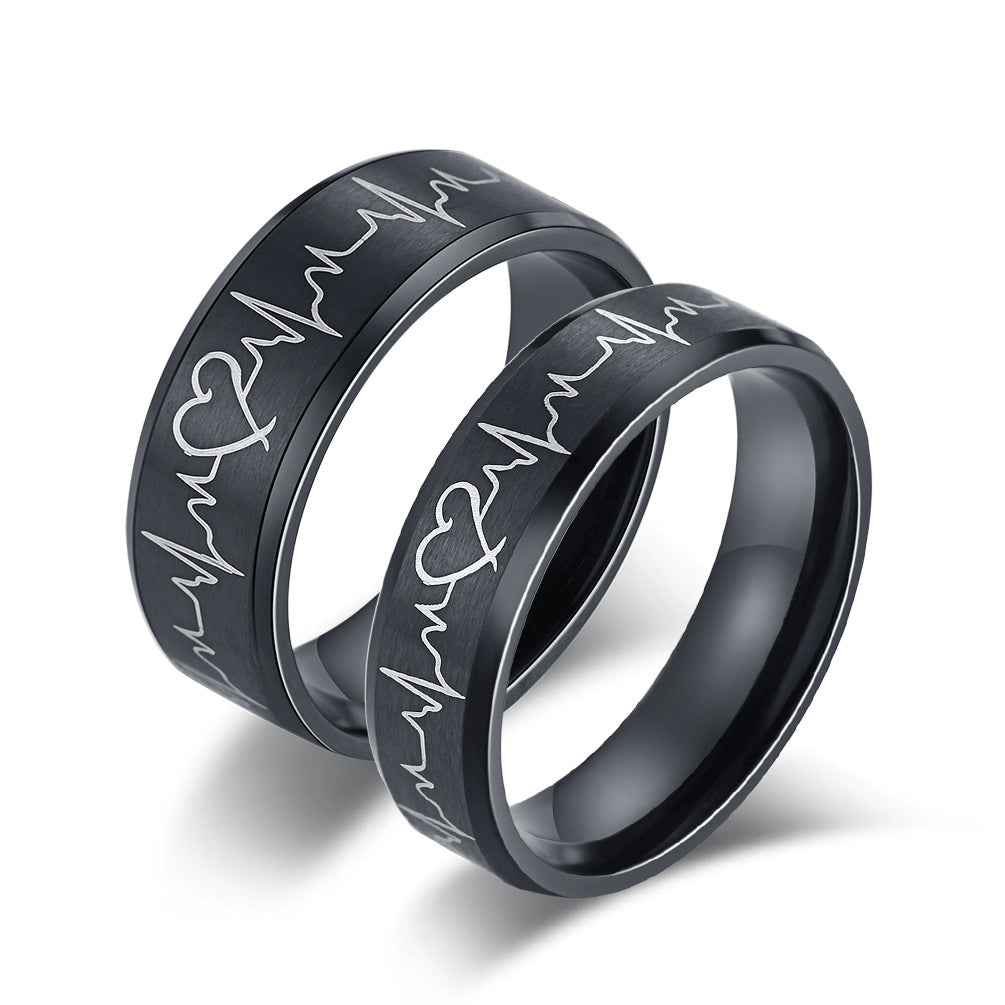 Black Heartbeat ECG Couple Promise Ring Set I Love You
