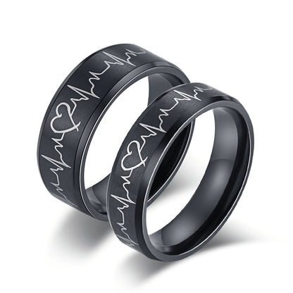 Black Heartbeat ECG Couple Promise Ring Set I Love You
