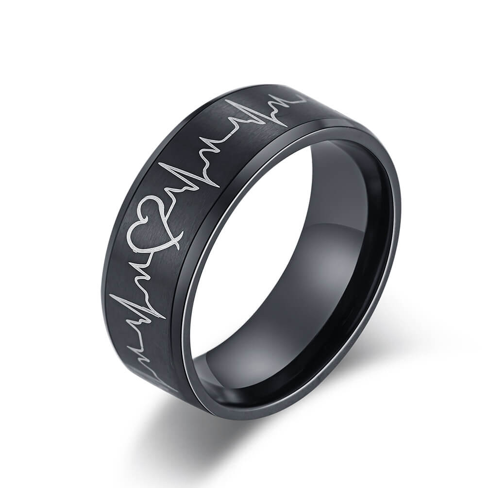 Black Heartbeat ECG Couple Promise Ring Set I Love You
