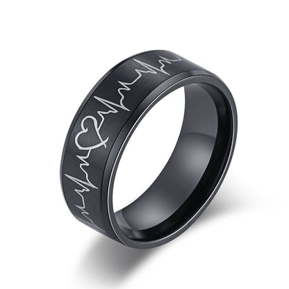 Black Heartbeat ECG Couple Promise Ring Set I Love You