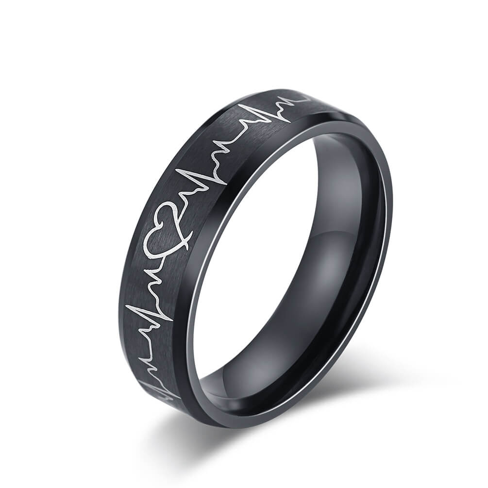 Black Heartbeat ECG Couple Promise Ring Set I Love You