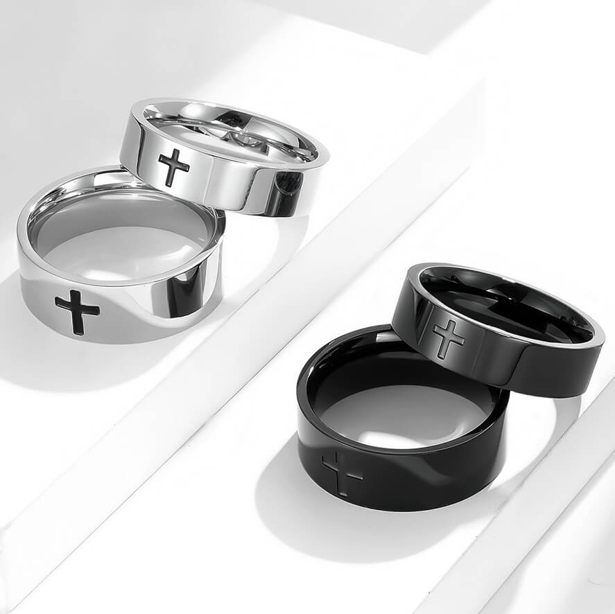 Black Engrave Cross Couple Rings