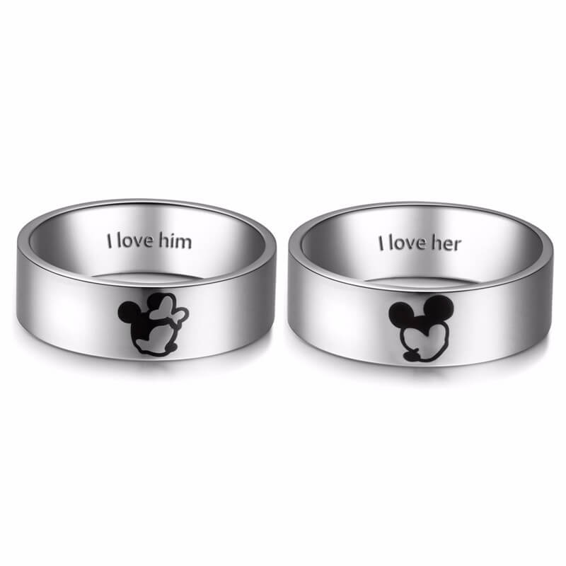 Titanium Kissing Mickey and Minnie Couple Rings