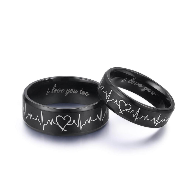 Black Heartbeat ECG Couple Promise Ring Set I Love You