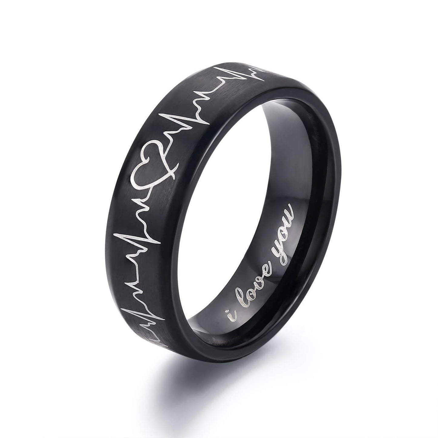 Black Heartbeat ECG Couple Promise Ring Set I Love You