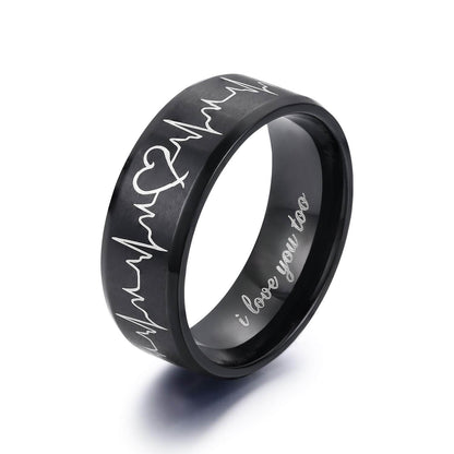 Black Heartbeat ECG Couple Promise Ring Set I Love You